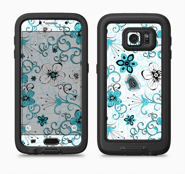The Blue and White Floral Laced Pattern Full Body Samsung Galaxy S6 LifeProof Fre Case Skin Kit
