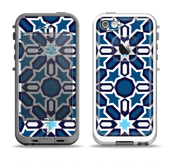 The Blue and White Mosaic Mirrored Pattern Apple iPhone 5-5s LifeProof Fre Case Skin Set