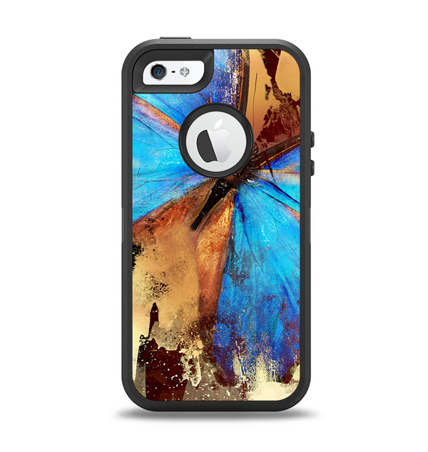 The Bright Blue Butterfly on Grunge Gold Surface Apple iPhone 5-5s Otterbox Defender Case Skin Set