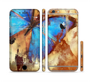 The Bright Blue Butterfly on Grunge Gold Surface Sectioned Skin Series for the Apple iPhone 6s Plus