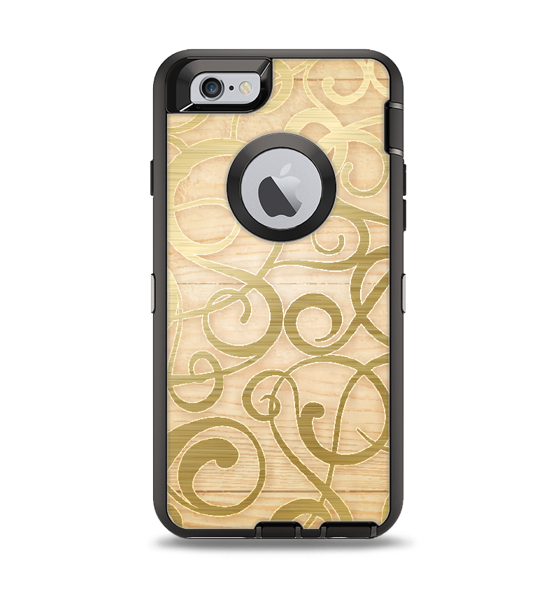 The Bright Gold Spiral Wood Pattern Apple iPhone 6 Otterbox Defender Case Skin Set