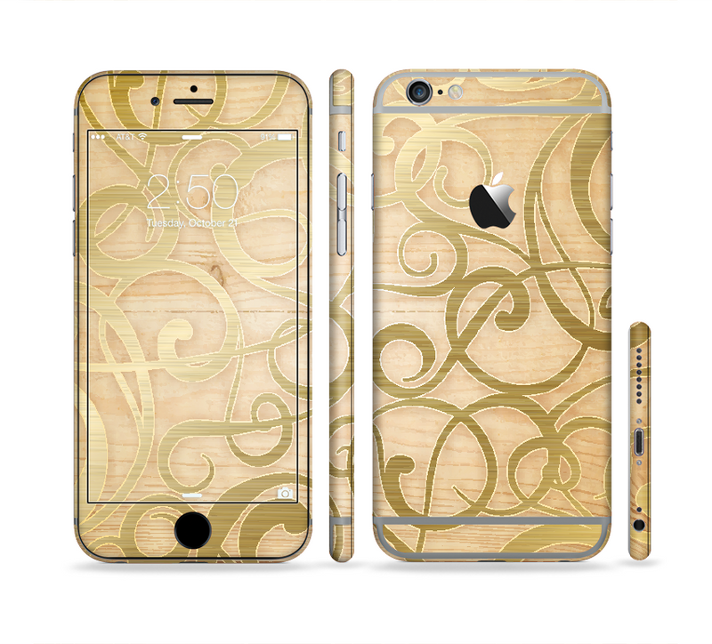 The Bright Gold Spiral Wood Pattern Sectioned Skin Series for the Apple iPhone 6s