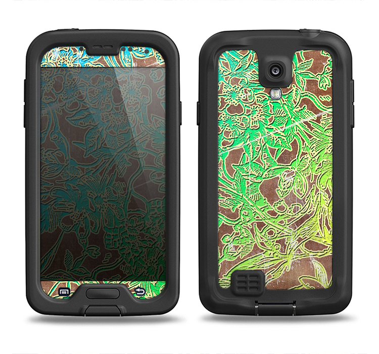 The Bright Green Floral Laced Samsung Galaxy S4 LifeProof Fre Case Skin Set