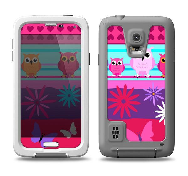The Bright Pink Cartoon Owls with Flowers and Butterflies Samsung Galaxy S5 LifeProof Fre Case Skin Set