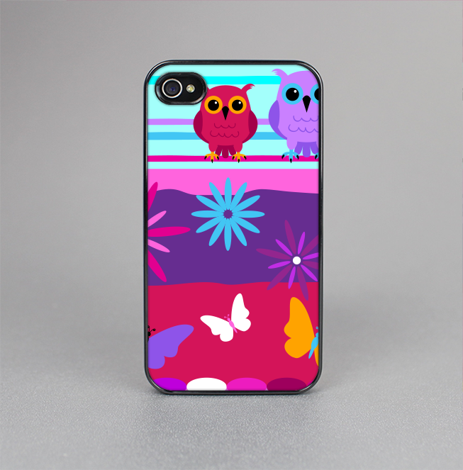 The Bright Pink Cartoon Owls with Flowers and Butterflies Skin-Sert for the Apple iPhone 4-4s Skin-Sert Case