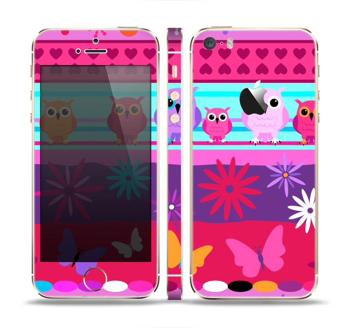 The Bright Pink Cartoon Owls with Flowers and Butterflies Skin Set for the Apple iPhone 5s