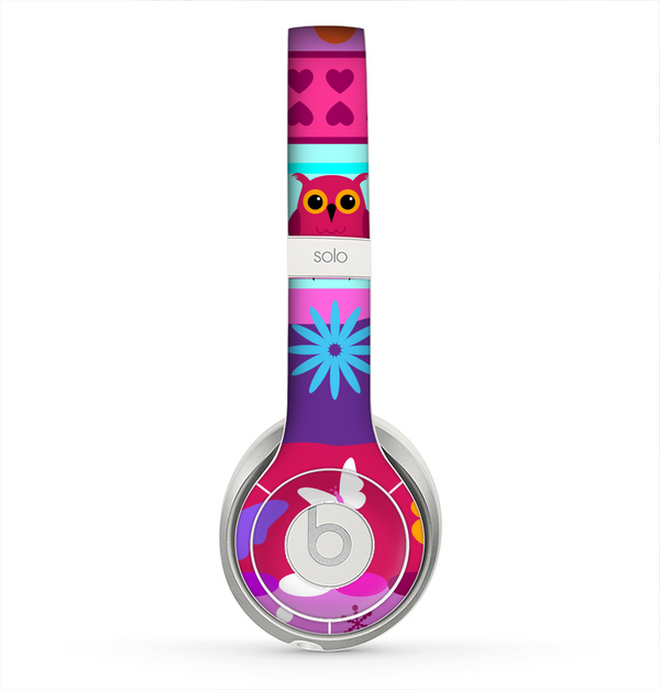 The Bright Pink Cartoon Owls with Flowers and Butterflies Skin for the Beats by Dre Solo 2 Headphones