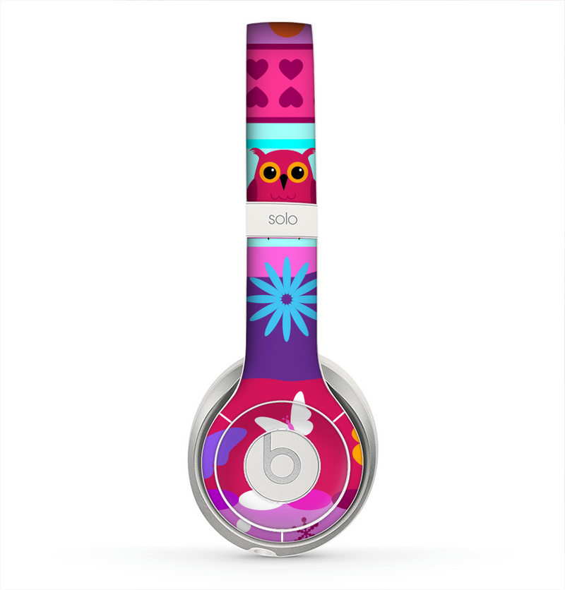 The Bright Pink Cartoon Owls with Flowers and Butterflies Skin for the Beats by Dre Solo 2 Headphones
