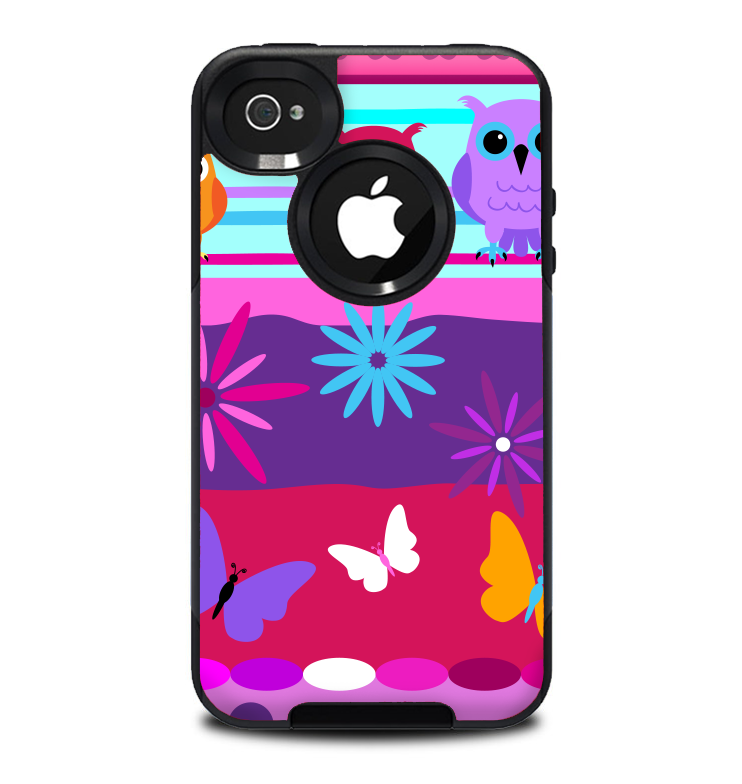 The Bright Pink Cartoon Owls with Flowers and Butterflies Skin for the iPhone 4-4s OtterBox Commuter Case