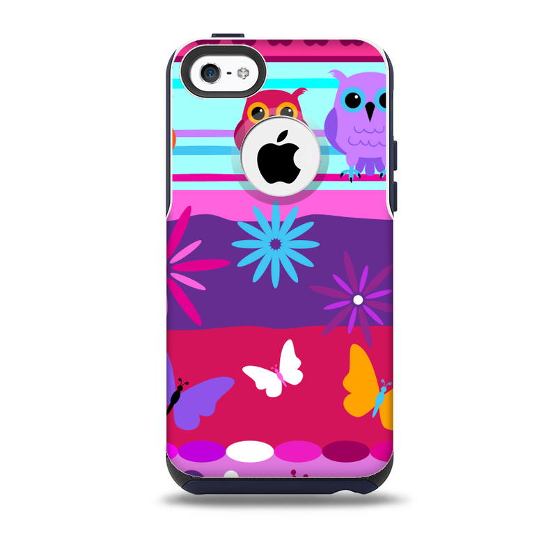 The Bright Pink Cartoon Owls with Flowers and Butterflies Skin for the iPhone 5c OtterBox Commuter Case