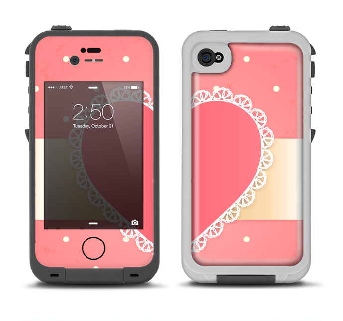 The Bright Pink Heart Lace V3 Apple iPhone 4-4s LifeProof Fre Case Skin Set