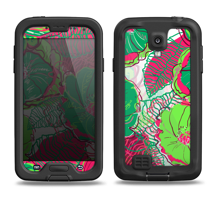 The Bright Pink and Green Flowers Samsung Galaxy S4 LifeProof Fre Case Skin Set