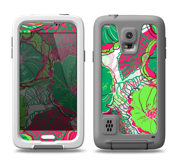 The Bright Pink and Green Flowers Samsung Galaxy S5 LifeProof Fre Case Skin Set
