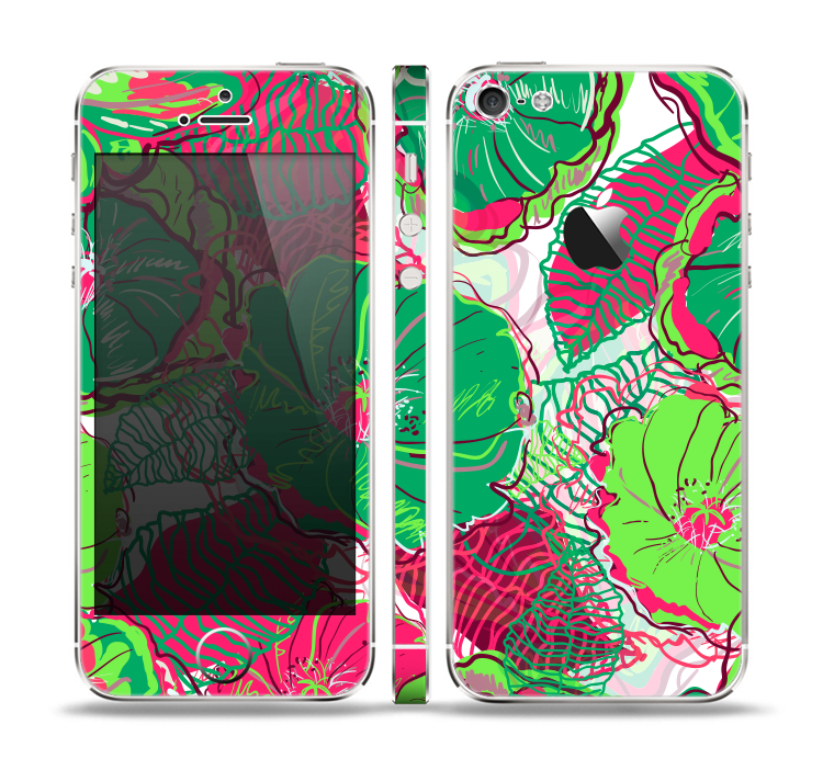 The Bright Pink and Green Flowers Skin Set for the Apple iPhone 5