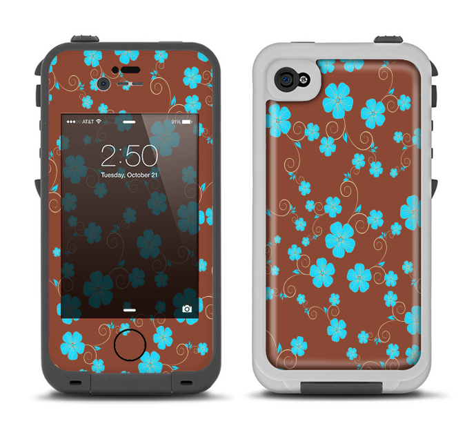 The Brown and Blue Floral Layout Apple iPhone 4-4s LifeProof Fre Case Skin Set