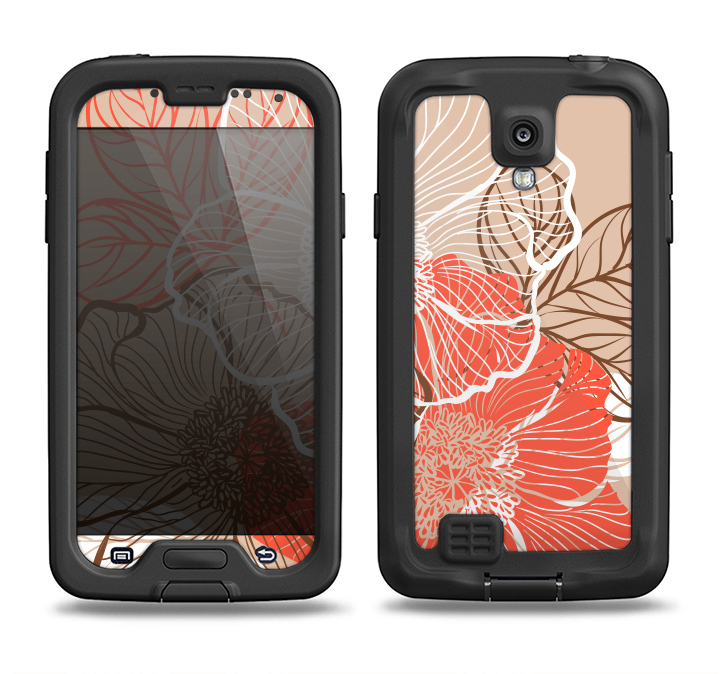 The Brown and Orange Transparent Flowers Samsung Galaxy S4 LifeProof Fre Case Skin Set