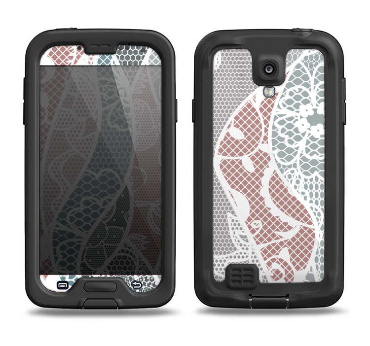 The Brown and Teal Lace Design Samsung Galaxy S4 LifeProof Fre Case Skin Set