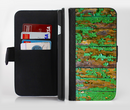 The Chipped Bright Green Wood Ink-Fuzed Leather Folding Wallet Credit-Card Case for the Apple iPhone 6/6s, 6/6s Plus, 5/5s and 5c