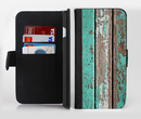 The Chipped Teal Paint On Wood Ink-Fuzed Leather Folding Wallet Credit-Card Case for the Apple iPhone 6/6s, 6/6s Plus, 5/5s and 5c