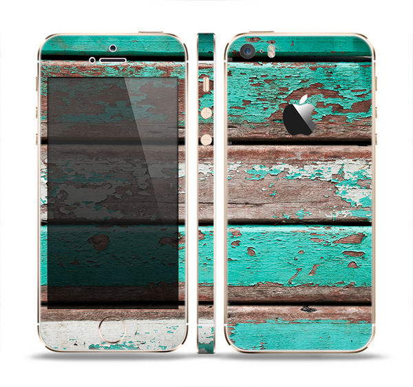 The Chipped Teal Paint On Wood Skin Set for the Apple iPhone 5s