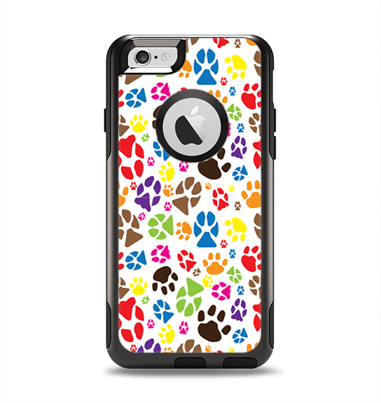 The Colorful Scattered Paw Prints Apple iPhone 6 Otterbox Commuter Case Skin Set
