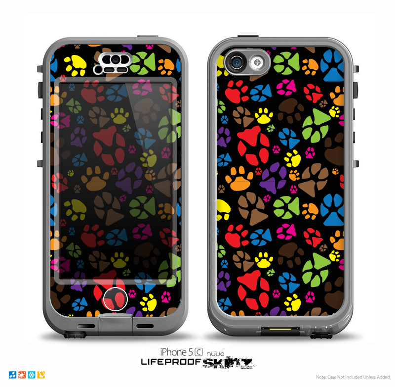 The Colorful Scattered Paw Prints Over Black Skin for the iPhone 5c nüüd LifeProof Case