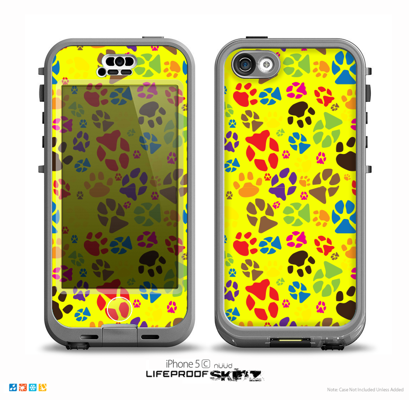 The Colorful Scattered Paw Prints Over Yellow Skin for the iPhone 5c nüüd LifeProof Case