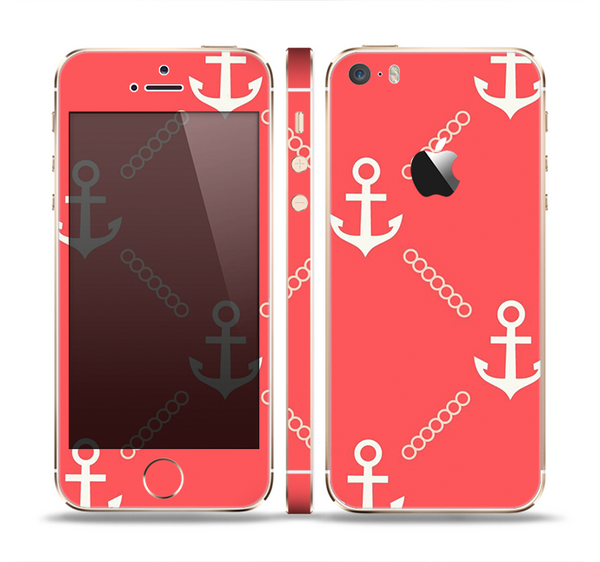 The Coral & White Vintage Solid Color Anchor Linked Skin Set for the Apple iPhone 5s