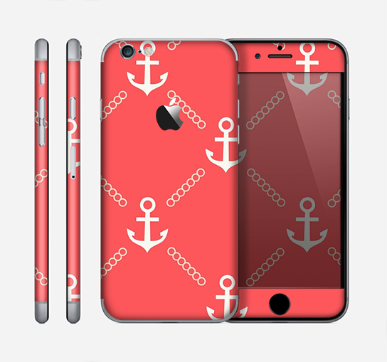 The Coral & White Vintage Solid Color Anchor Linked Skin for the Apple iPhone 6