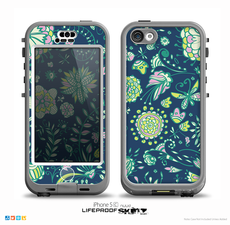 The Dark Blue & Pink-Yellow Sketched Lace Patterns v21 Skin for the iPhone 5c nüüd LifeProof Case