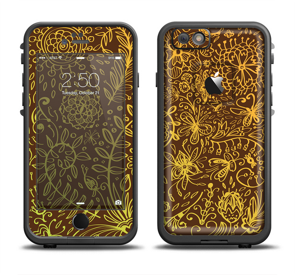 The Dark Brown and Gold Sketched Lace Patterns v21 Apple iPhone 6 LifeProof Fre Case Skin Set