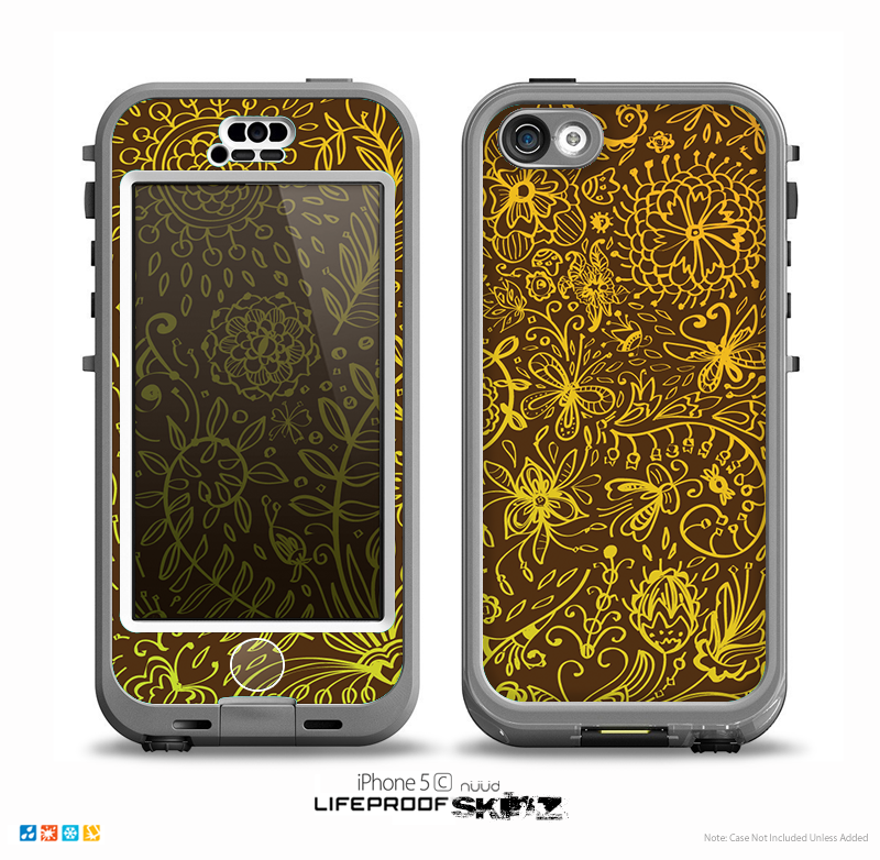 The Dark Brown and Gold Sketched Lace Patterns v21 Skin for the iPhone 5c nüüd LifeProof Case