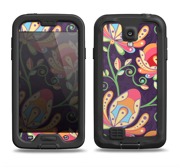 The Dark Purple & Colorful Floral Pattern Samsung Galaxy S4 LifeProof Fre Case Skin Set