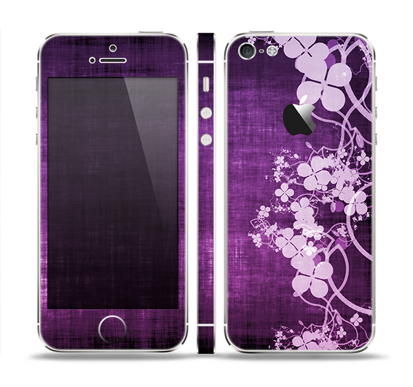 The Dark Purple with Sketched Floral Pattern Skin Set for the Apple iPhone 5