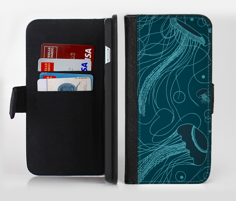 The Dark Vector Teal Jelly Fish Ink-Fuzed Leather Folding Wallet Credit-Card Case for the Apple iPhone 6/6s, 6/6s Plus, 5/5s and 5c