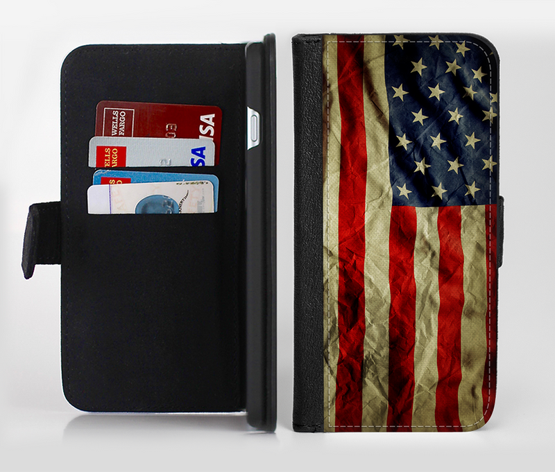 The Dark Wrinkled American Flag Ink-Fuzed Leather Folding Wallet Credit-Card Case for the Apple iPhone 6/6s, 6/6s Plus, 5/5s and 5c