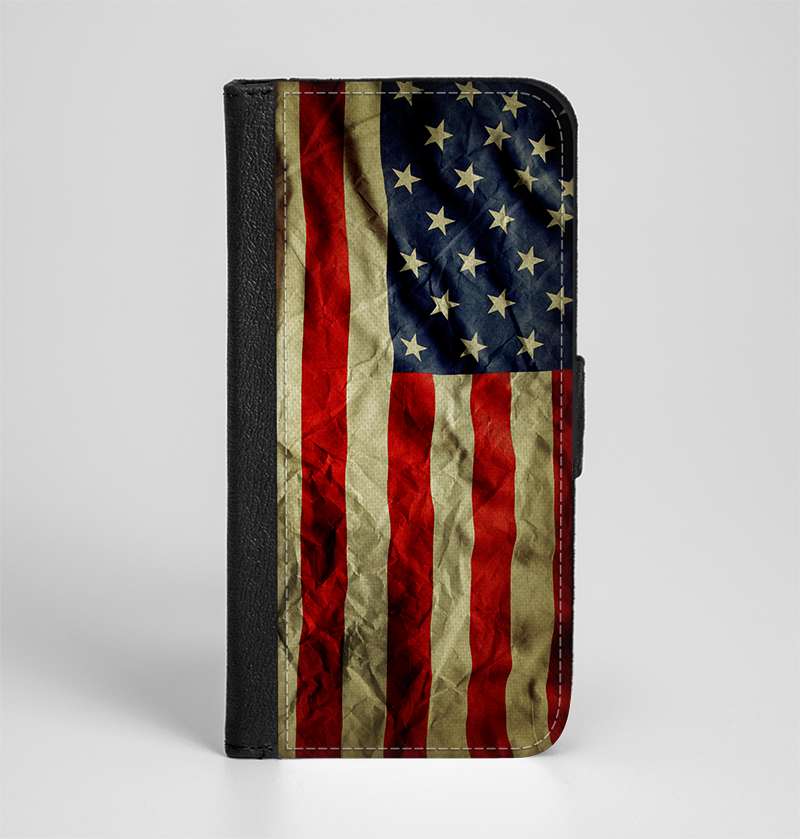 The Dark Wrinkled American Flag Ink-Fuzed Leather Folding Wallet Case for the iPhone 6/6s, 6/6s Plus, 5/5s and 5c