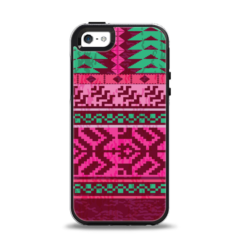 The Glowing Green & Pink Ethnic Aztec Pattern Apple iPhone 5-5s Otterbox Symmetry Case Skin Set