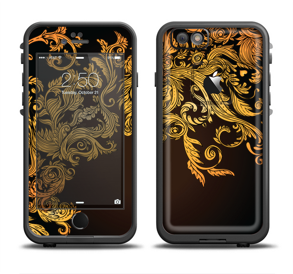 The Gold Floral Vector Pattern on Black Apple iPhone 6 LifeProof Fre Case Skin Set