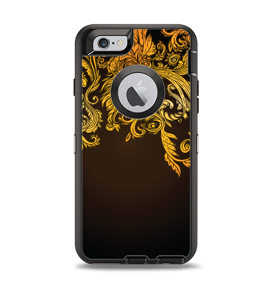 The Gold Floral Vector Pattern on Black Apple iPhone 6 Otterbox Defender Case Skin Set
