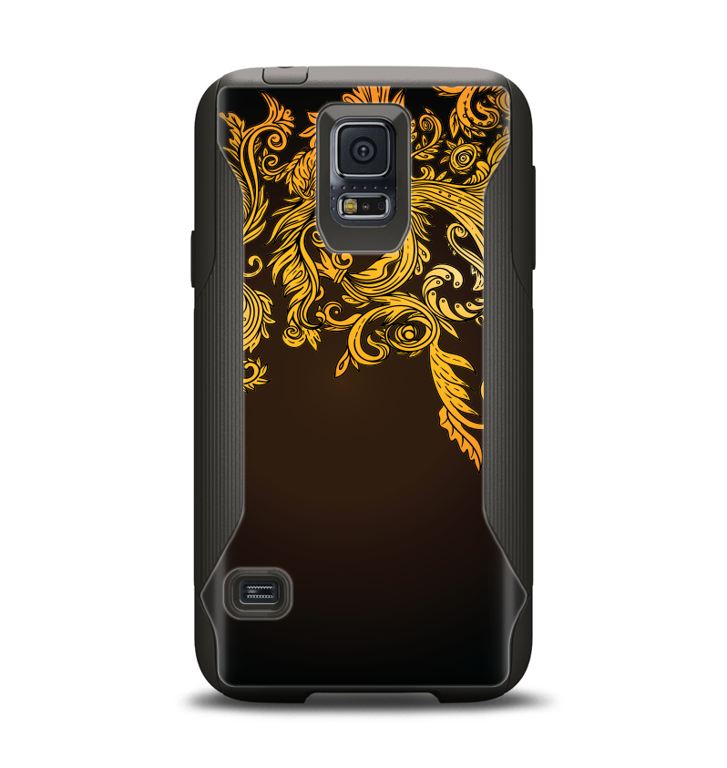 The Gold Floral Vector Pattern on Black Samsung Galaxy S5 Otterbox Commuter Case Skin Set