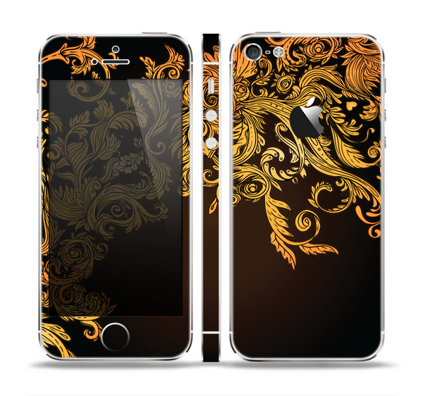 The Gold Floral Vector Pattern on Black Skin Set for the Apple iPhone 5
