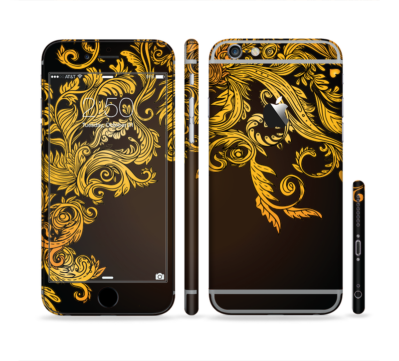 The Gold Floral Vector Pattern on Black Sectioned Skin Series for the Apple iPhone 6s
