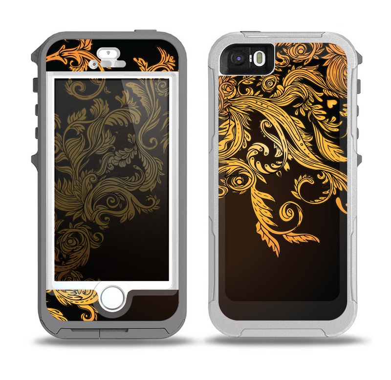The Gold Floral Vector Pattern on Black Skin for the iPhone 5-5s OtterBox Preserver WaterProof Case