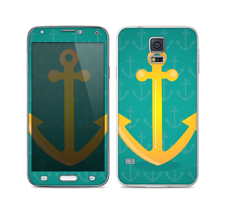 The Gold Stretched Anchor with Green Background Skin For the Samsung Galaxy S5