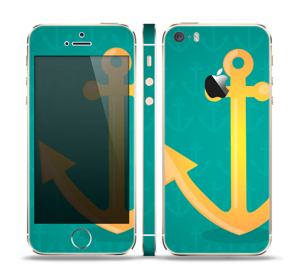 The Gold Stretched Anchor with Green Background Skin Set for the Apple iPhone 5s