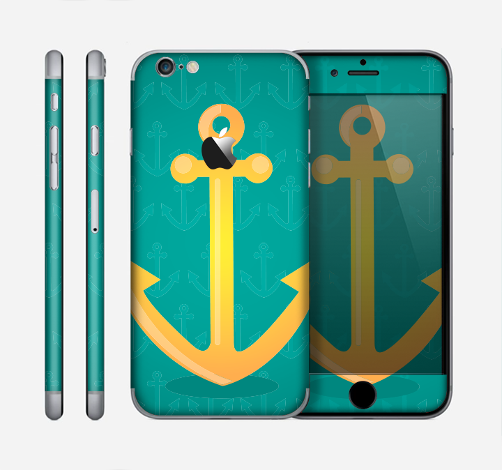 The Gold Stretched Anchor with Green Background Skin for the Apple iPhone 6