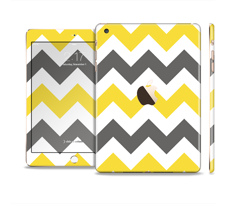 The Gray & Yellow Chevron Pattern Full Body Skin Set for the Apple iPad Mini 3