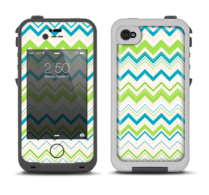 The Green & Blue Leveled Chevron Pattern Apple iPhone 4-4s LifeProof Fre Case Skin Set