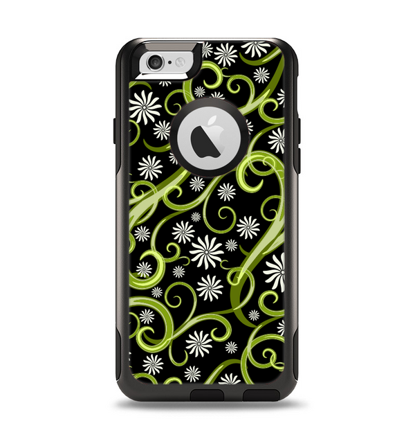 The Green Floral Swirls on Black Apple iPhone 6 Otterbox Commuter Case Skin Set
